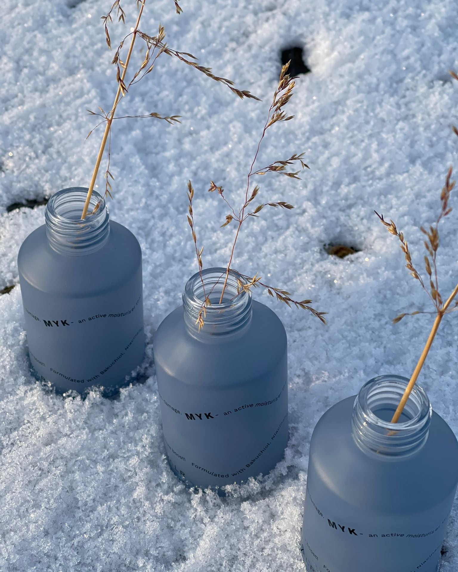 Three blue bottles with plant stems in a snowy landscape